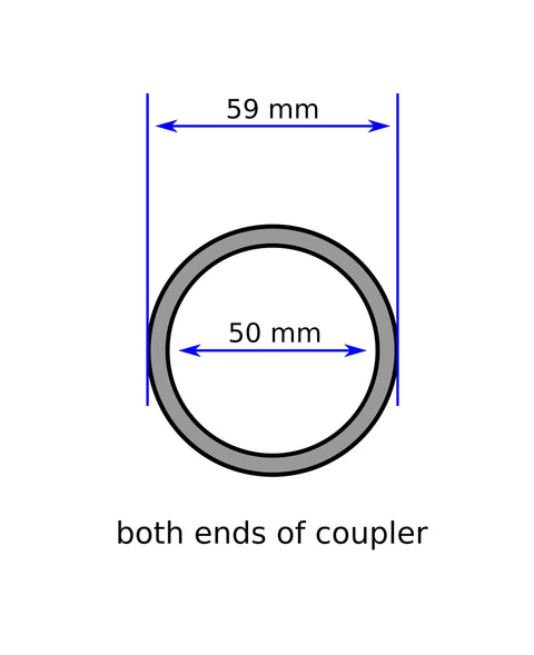 Vacuum tube hose coupler diagram, gray ring with 59 mm outer and 50 mm inner diameter, CCW thread, blue arrows