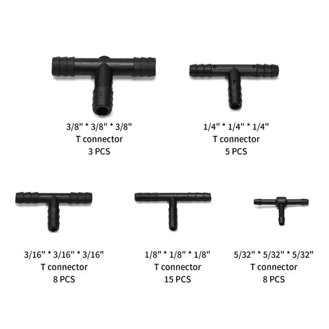 VIKKSAER nylon vacuum hose T connectors kit; barbed tees in 3/8, 1/4, 3/16, 1/8 and 5/32 in counts 3,5,8,15,8.