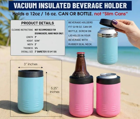 Custom Engraved Stainless Steel Can Cooler With Name And Date For 12 Oz And 16 Oz Cans Vacuum Insulated Anti Slip Grip Perfect Groomsmen And Bridesmaids Gift Wedding Party Favor Keeps Drinks Cold Black shown on beach with measurement details