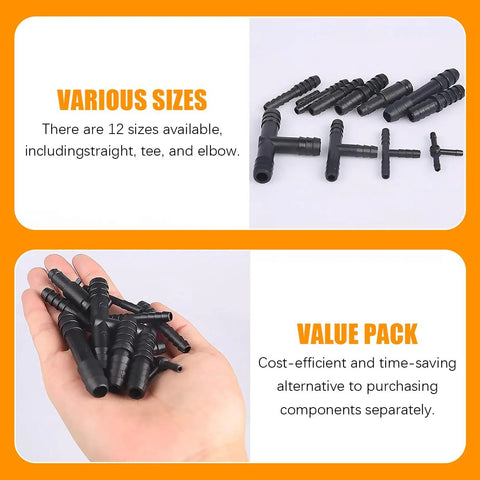 Sandfren car vacuum line connector kit with 113 pcs; assorted black fittings in straight, tee, and elbow sizes.