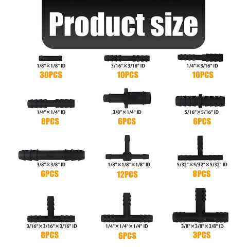 Sandfren 113-piece automotive vacuum line connector kit, black heat-resistant plastic fittings in sizes 1/8"–5/32" ID