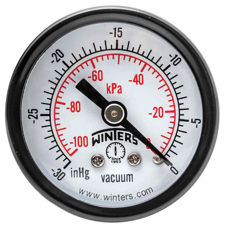 Winters 1-1/2 in vacuum gauge, black steel case, brass internals, dual scale 30 inHg-0 Vac/kPa, 1/8 in NPT back mount
