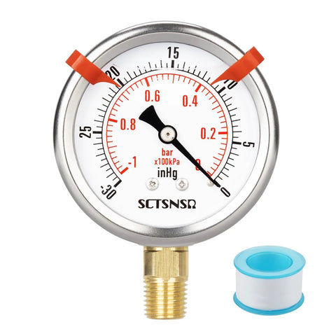 Vacuum pressure gauge, glycerin-filled, 2.5 in dial, stainless steel case, 1/4 in NPT lower mount