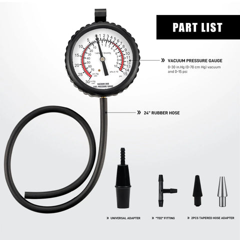 PESIKO vacuum pressure gauge kit with 24-inch hose, universal adapter, tee fitting, and two tapered hose adapters