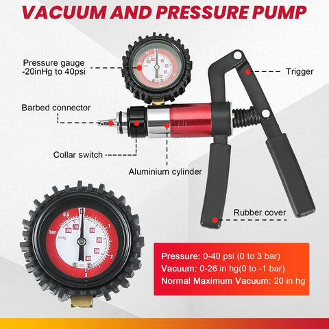 DASBET 21PCS hand-held vacuum/pressure pump tester with gauge, aluminum cylinder for automotive brake bleeding
