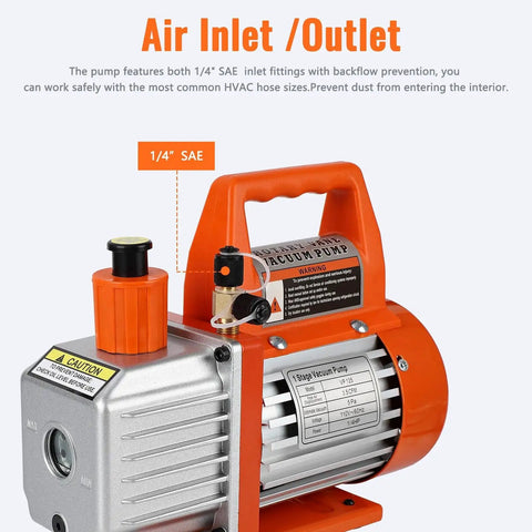 3.5 CFM 110V Single Stage Rotary Vane Vacuum Pump with air inlet/outlet, features 1/4" SAE fittings, orange and silver design, EcoExplorer