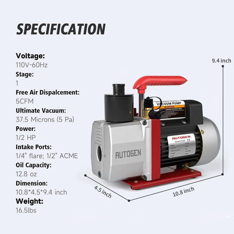 Beast 5 CFM Vacuum Pump With Half HP All Copper Motor for HVAC R12 R22 R134a R410a 110V 60Hz with specifications label