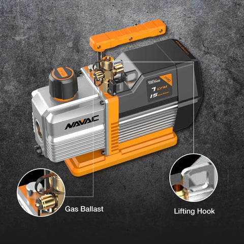 Pro Series 7 CFM Dual Stage Vacuum Pump With Integrated Cylinder And Forced Oil Circulation, 15 Microns Vacuum, Navac NP7DP