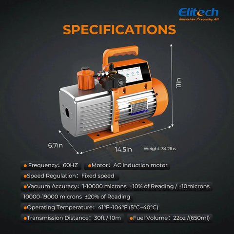 7 CFM Dual Stage HVAC Vacuum Pump With Smart Wireless Micron Gauge And 4 Inch Touchscreen Data Logging For AC And Mini Split Evacuation, 0.75 HP, featuring detailed specifications and measurements.