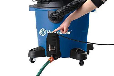 Heavy-Duty Wet/Dry Vacuum Pump Accessory PE401 with drain attachment and strainer, showing connection to blue shop vac