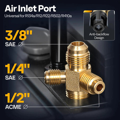 Air inlet port detailing multiple valve sizes for High Performance 110V 9.6 CFM 1 HP Dual Stage Rotary Vane Vacuum Pump for HVAC use.
