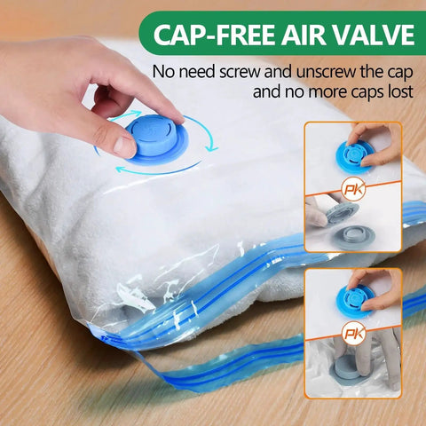 Portable Electric Vacuum Pump For Storage Bags And Compression Clothing Fast Air Removal Space Saver For Travel And Home Use Replaces Hand Pump No Fuss Easy To Use Lightweight Durable Quiet Operation Ideal For Vacuum Packing By ZPP showing cap-free air valve on storage bag