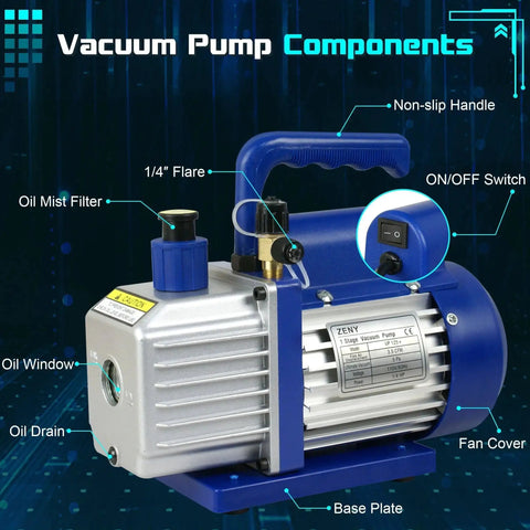 Powerful 3.5 CFM Single Stage Vacuum Pump For HVAC R410A Systems With 1/4 HP Motor Zeny 1/4 Inch Flare Inlet 1.2 Meter Hose Blue