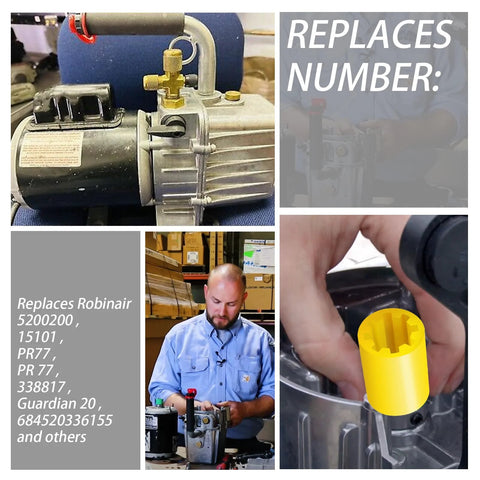 PR-77 vacuum pump collage with yellow plastic coupler sleeve and a technician at work in a workshop.