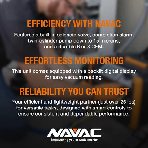 Image with text highlighting features of the NAVAC vacuum pump, efficiency, effortless monitoring, reliability, and logo at the bottom.