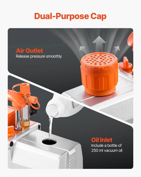 Pro Grade Two Stage Rotary Vane HVAC Vacuum Pump oil inlet filling and dual-purpose cap for AC maintenance