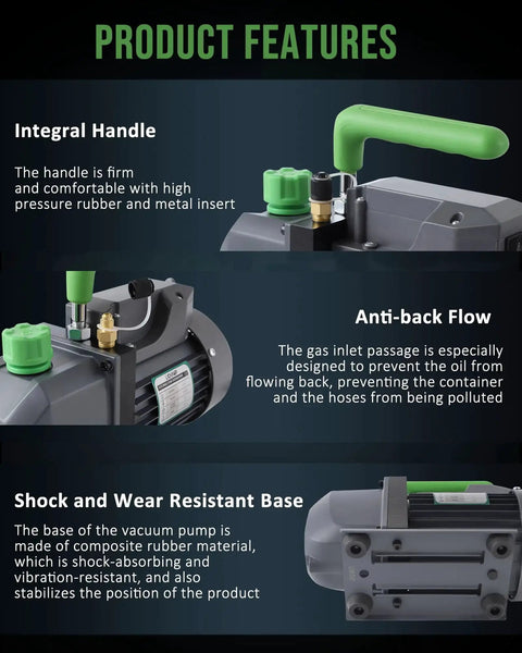 High Performance Three Point Five CFM Single Stage HVAC Vacuum Pump features integral handle, anti-back flow, and wear-resistant base.