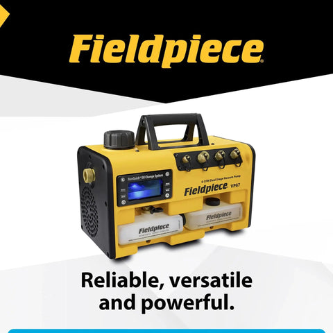 Fast Evacuation Vacuum Pump With 8 CFM Flow And 15 Micron Ultimate Vacuum For HVAC Pros, Fieldpiece VP67, yellow and black unit