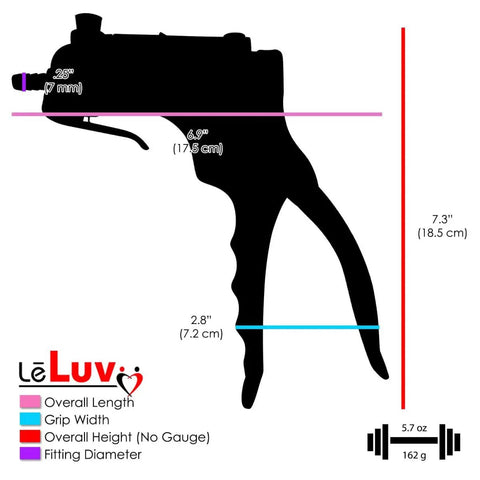 Diagram of JacVac Vacuum Pump Handle dimensions with NPT 1/8-27 threads and optional gauge, showing length, grip width, and fitting diameter.