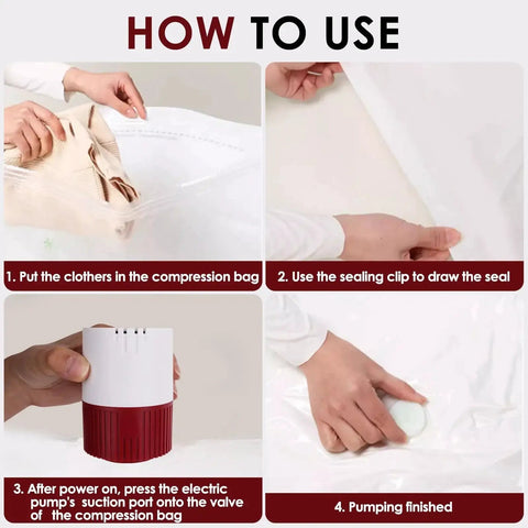 Four-step usage guide for Powerful 30W Electric Vacuum Pump For Large Storage Bags Corded Vacuum Sealer With US Plug In Fast Air Removal