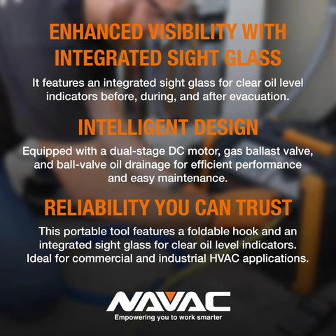 Industrial Grade Vacuum Pump For HVAC Evacuation With 12 CFM Flow And 5 Micron Ultimate Vacuum Dual Stage DC Motor Built For Commercial Settings And Workhorse Daily Use NAVAC NP12DM With Durable Aluminum Construction And Low Noise Operation, highlighting integrated sight glass and intelligent design features.