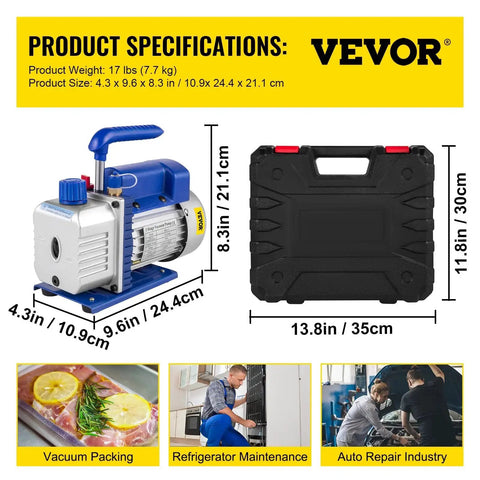 3CFM 1/4HP Single Stage Air Vacuum Pump Kit For HVAC And Refrigeration with carrying case, used in vacuum packing and maintenance.