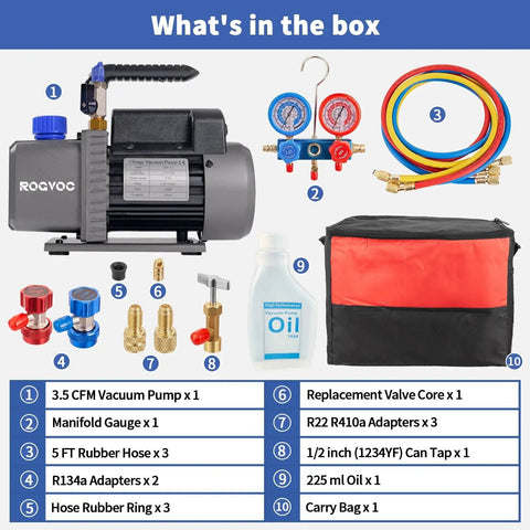 Image of Rugged 3.5 CFM Single Stage Rotary Vane Vacuum Pump with Manifold Gauge Set, hoses, adapters, oil, and carry bag for HVAC.