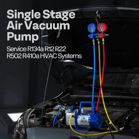 High Performance 4 CFM Single Stage Rotary Vane Vacuum Pump With R134a AC Manifold Gauge Set Leak Detector for HVAC in use