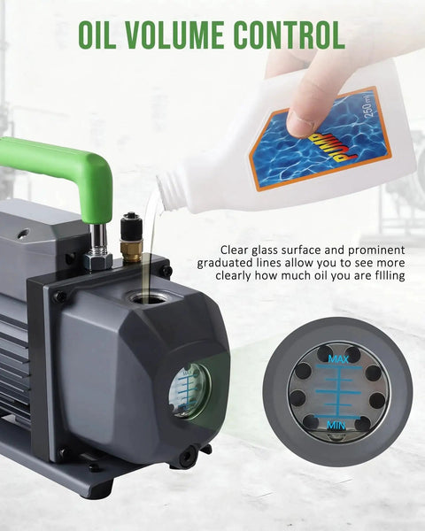 Heavy Duty Four Point Five CFM HVAC Vacuum Pump With One Third Horsepower Motor single-stage oil filling view with oil bottle