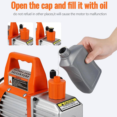 Filling oil into 3.5 CFM 110V Single Stage Rotary Vane Vacuum Pump for HVAC Systems Automotive and AC Machines EcoExplorer