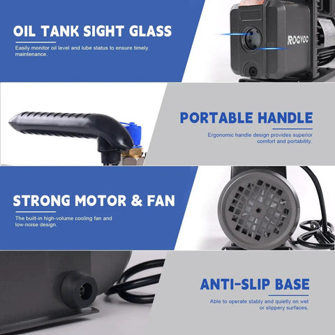 Image highlighting features of Heavy Duty Three Point Five CFM Vacuum Pump For HVAC And Auto Systems With 110V One Quarter HP.