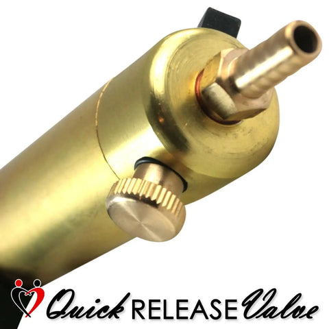 Close-up of Ultima Vacuum Pump Handle with aluminum chamber, quick-release valve, and barbed outlet for precise metering.