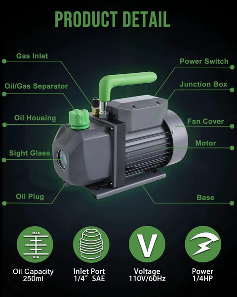High Performance Three Point Five CFM Single Stage HVAC Vacuum Pump With One Quarter HP 110 Volt Motor showing key features and parts