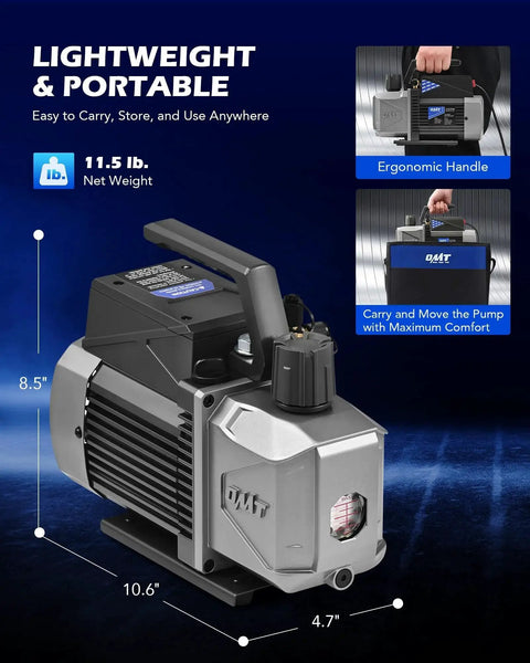 Sparkless Pro Grade Vacuum Pump For Auto HVAC Systems 3.5 CFM 1/4 HP, ergonomic handle, dimensions, and lightweight features in focus.