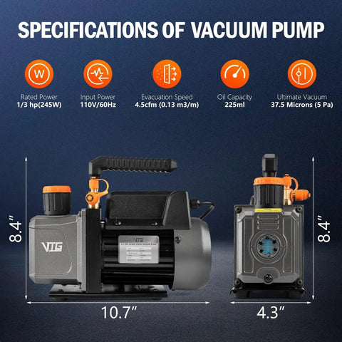 Pro Grade 3 Gallon Vacuum Chamber Kit With 4.5 CFM One Third HP Vacuum Pump specification details.