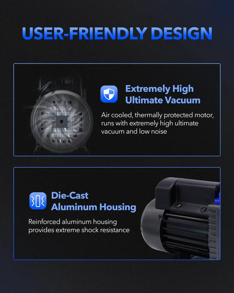 High Performance 3.5 CFM Vacuum Pump For HVAC Systems details, featuring aluminum housing and high ultimate vacuum motor design.