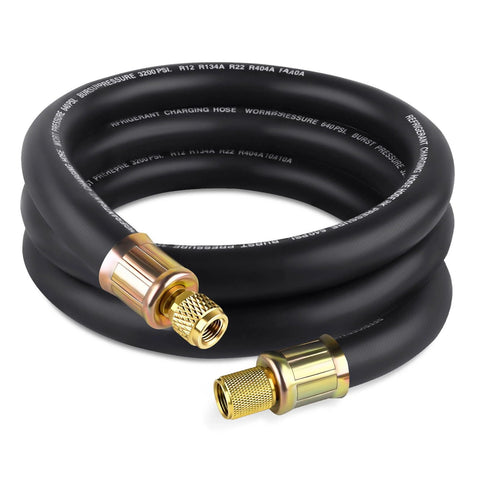 Boltigen 1/2in ID vacuum refrigerant hose, black high-flow hose with brass 3/8–1/4 flare adapters, coiled 6 ft