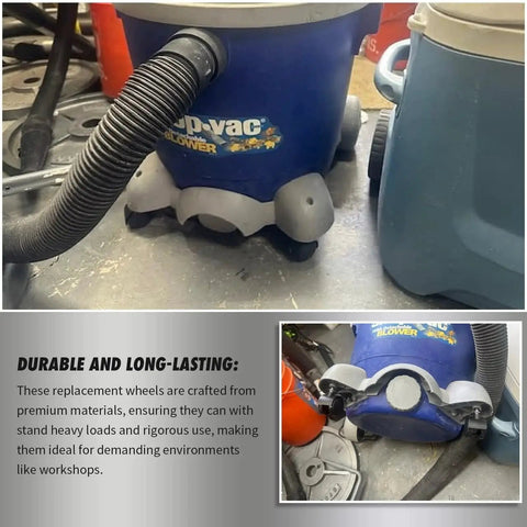 4 Pack Caster Wheels For Vacuum Cleaners Replacement Durable And Easy To Install attached on shop vac in a workshop setting