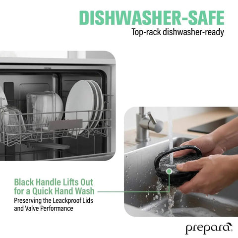 Compact Vacuum Seal Canisters With Twin Valve Airtight Lids BPA Free shown in dishwasher and hand-washing use