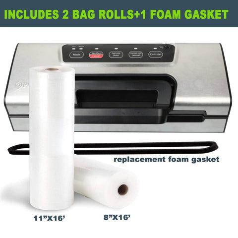 Potane Precision Vacuum Sealer, stainless steel kitchen device with built-in cutter; includes 11x16 and 8x16 bag rolls.