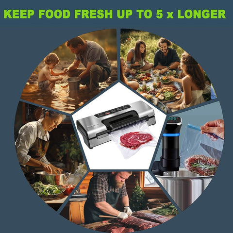 Potane Precision Vacuum Machine, compact stainless steel sealer with built-in cutter; includes bag rolls 11x16 and 8x16.