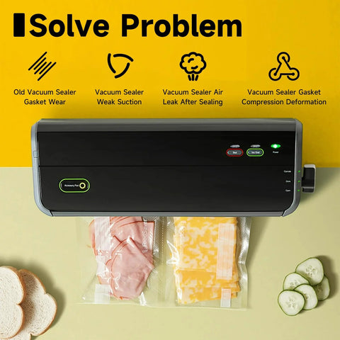 LEYURISE 2-pack foam vacuum sealer gaskets for FoodSaver FM2000/FM2010; black sealer with bread slices and cucumber nearby