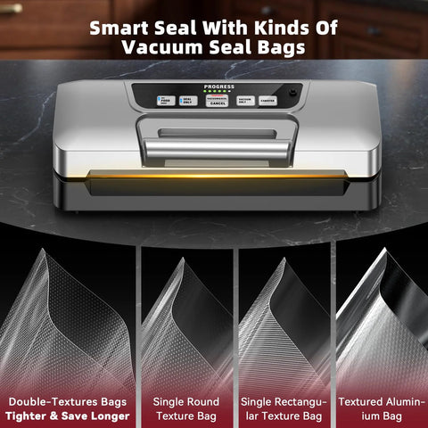 Next Gen vacuum sealer machine by Amazon, stainless steel with front control panel; four bag styles shown.