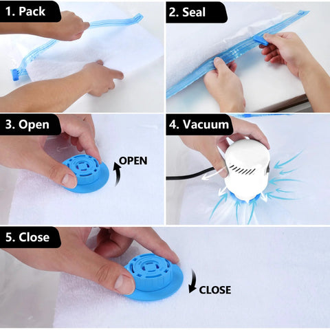 BAMCOO electric vacuum pump in a step-by-step demo: packing towel into storage bag, sealing, vacuuming, then closing.