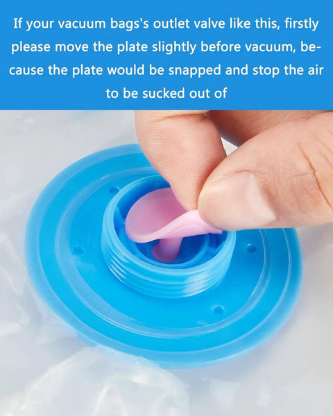 Fingers adjusting valve on vacuum storage bag with blue and pink components, demonstration for Electric Air Pump For Vacuum Storage Bags Fast Compact And Easy To Use Draws Air Out Quickly From Bags Perfect For Clothes Linens And Seasonal Gear No Fuss Valve Pump Ultra Portable Handheld Design With Quiet Operation For Everyday Home Organization.
