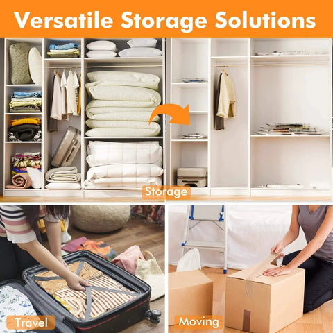 Jumbo Vacuum Storage Bags 12 Pack For Blankets Comforters Pillows Clothes Space Saver with Double Seal Zipper in closet, suitcase, and moving setup.