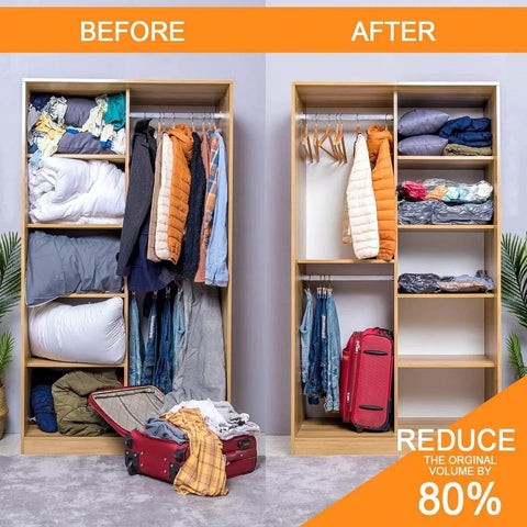 Before and after closet view using Jumbo Vacuum Storage Bags 12 Pack For Blankets Comforters Pillows Clothes Space Saver With Double Seal Zipper