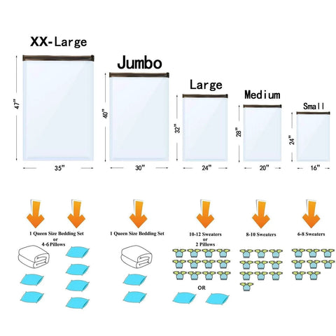 Size comparison chart for Jumbo Vacuum Storage Bags 12 Pack For Blankets Comforters Pillows Clothes Space Saver with Double Seal Zipper.