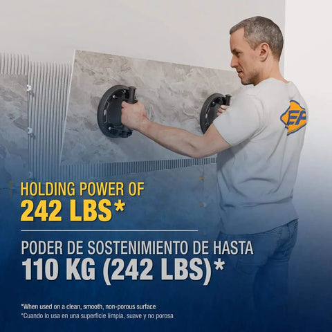 Heavy Duty 8 Inch Vacuum Suction Cup Lift Tool With 242 Lb Capacity for lifting large tiles, shown being used by a person on a tile wall.