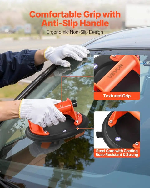 Person using 8-Inch Heavy-Duty Vacuum Suction Cup Lifter With ABS Handle on glass surface, showing anti-slip handle and textured grip.